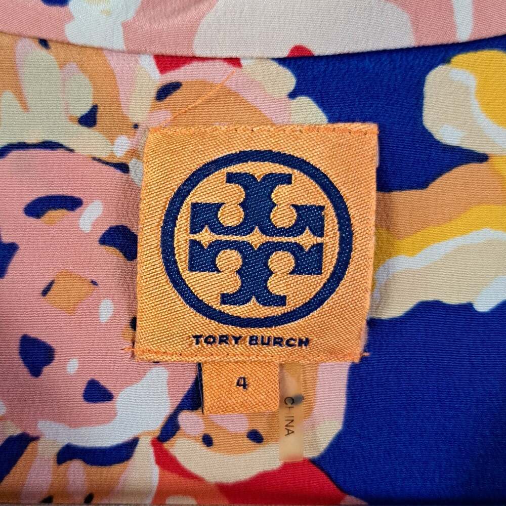 Tory Burch Silk Floral Roll Tab Blouse Top Size 4 Blue Pink Button Front - Picture 5 of 10